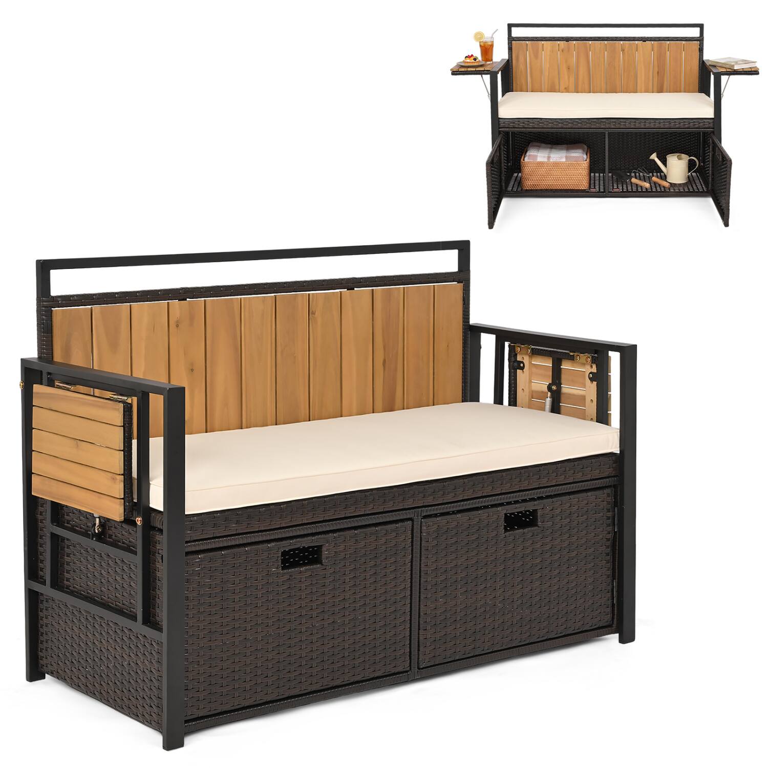 Front. WELLFOR - Outdoor Storage Bench with 2 Side Tables and 2-Seater Bench Seat - Brown + White + Natural.