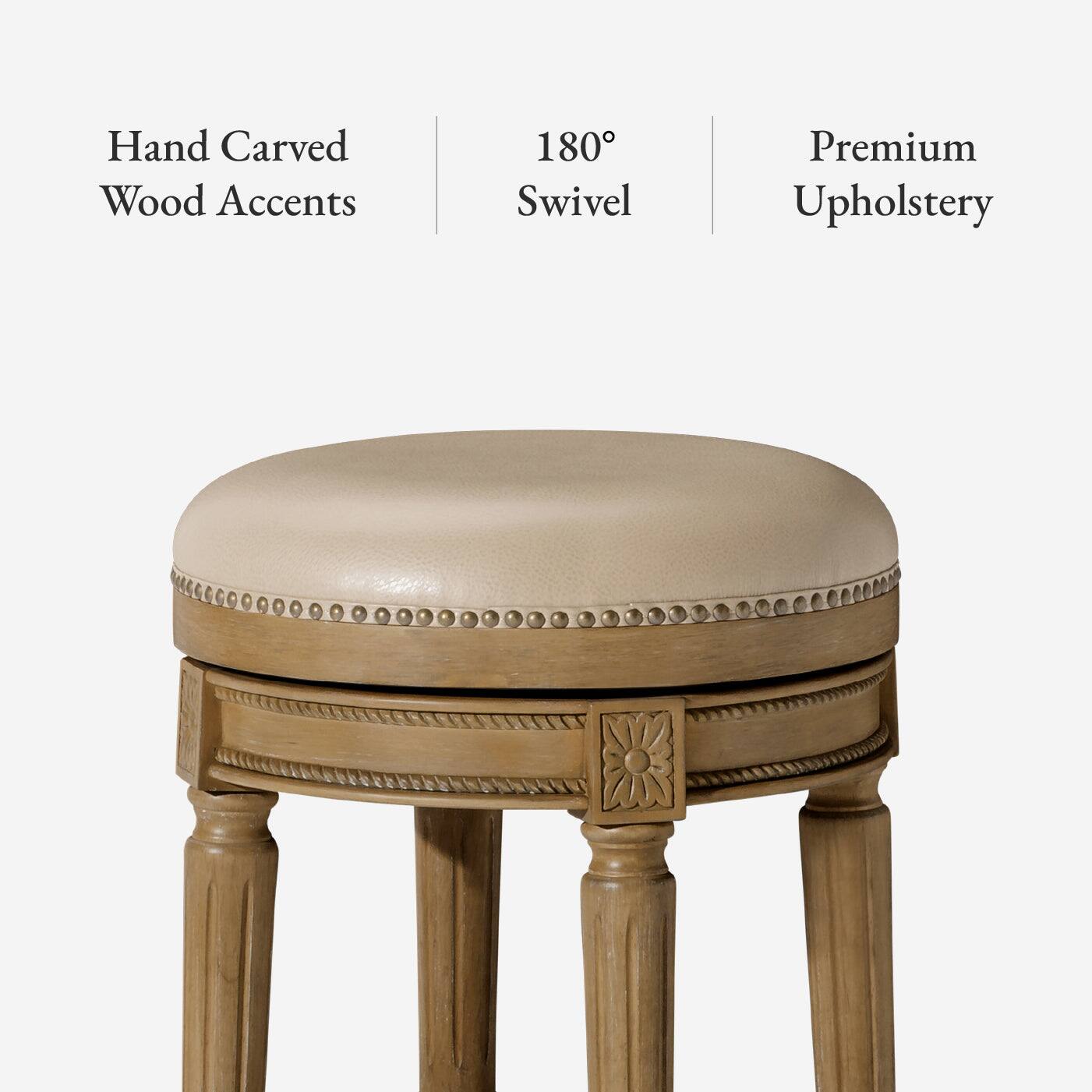 Hand Carved Wood Accents, 180° Swivel, Premium Upholstery