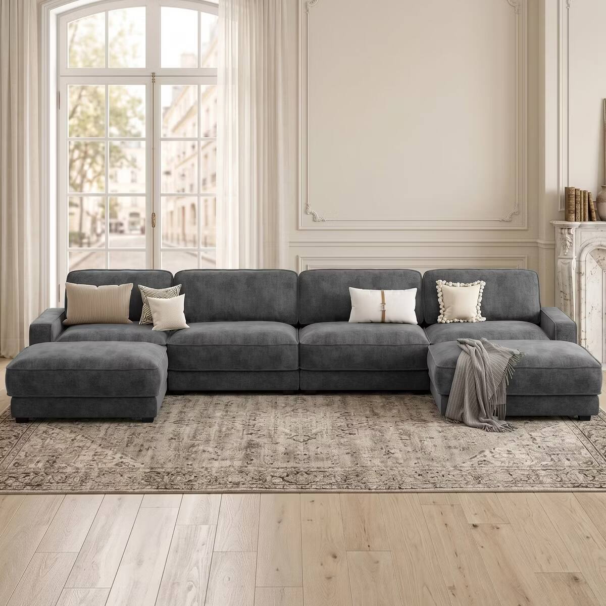 Angle. Dyonery - 159" Oversized L-Shaped Modular Sectional Sleeper Sofa,Gray Chenille Modern 6-Seater Sectional Couch - Gray.
