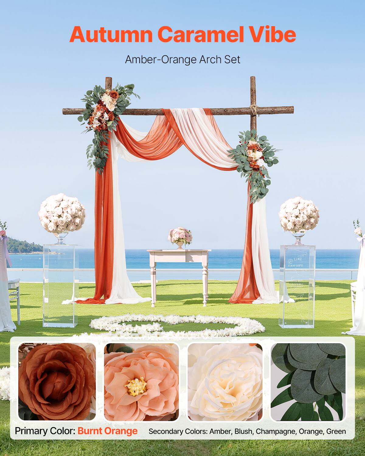 Autumn Caramel Vibe  
Amber-Orange Arch Set  

Primary Color: Burnt Orange  
Secondary Colors: Amber, Blush, Champagne, Orange, Green