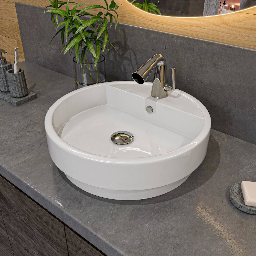 Angle. Alfi - White 19" Round Semi Recessed Ceramic Sink with Faucet Hole - White.