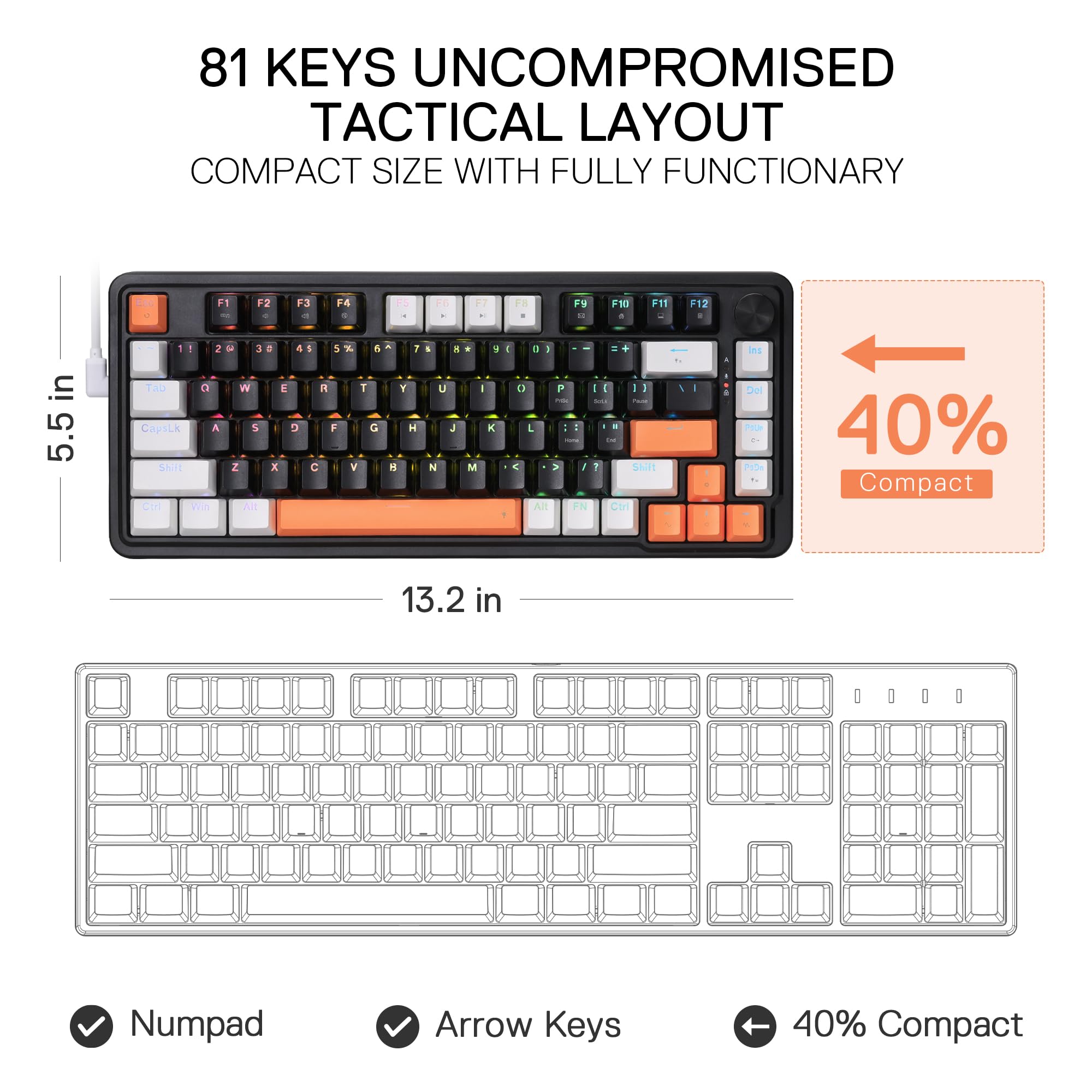 81 KEYS UNCOMPROMISED  
TACTICAL LAYOUT  
COMPACT SIZE WITH FULLY FUNCTIONARY  

5.5 in  
13.2 in  

40% Compact  

Numpad  
Arrow Keys  

40% Compact