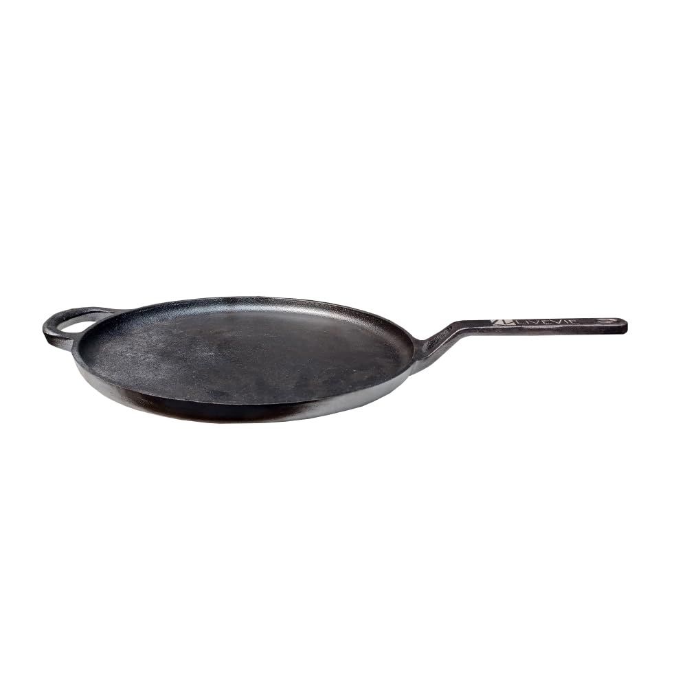 Angle. Amber Sporting Goods - 11" Pre-Seasoned Cast Iron Tawa, Heavy-Duty Flat Griddle for Roti, Pancakes, Tortillas & More - Black.