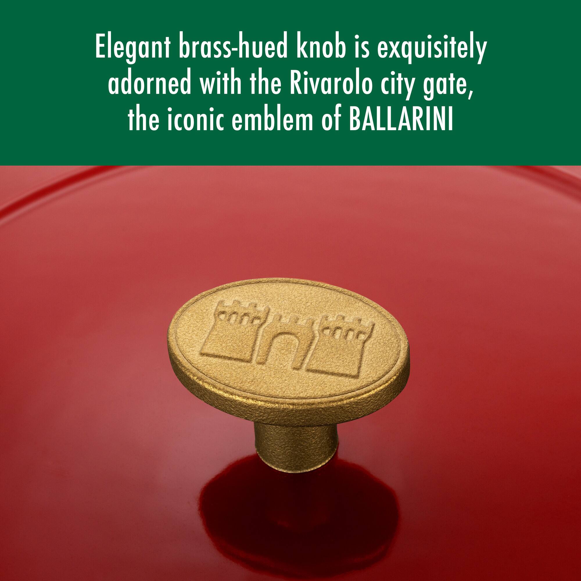 Elegant brass-hued knob is exquisitely adorned with the Rivarolo city gate, the iconic emblem of BALLARINI