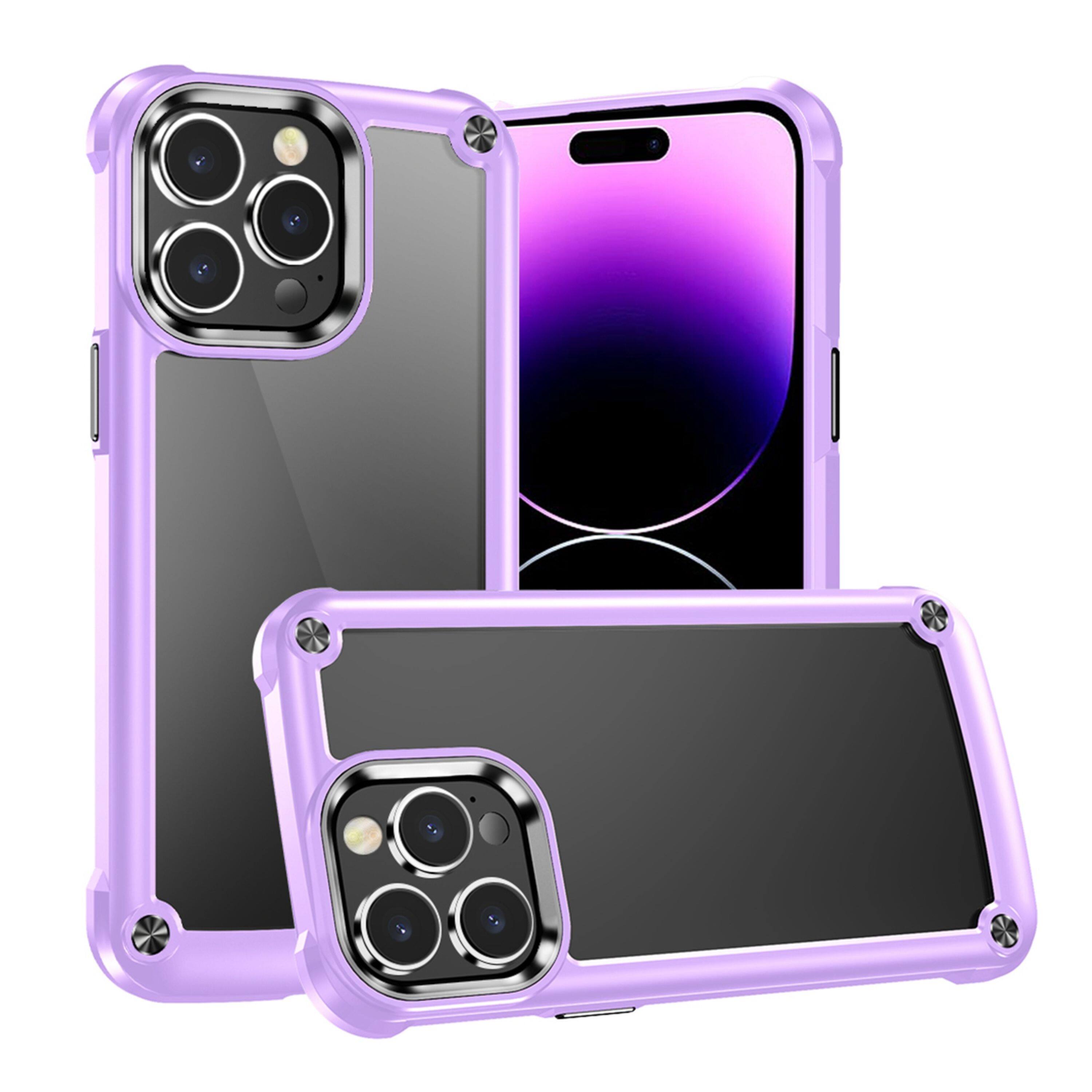 Angle. Kitcheniva - Hybrid Metal Buttons Raised Lip Phone Case With 2 Pcs Screen Protectors For iPhone 15 Pro Max Light Purple - Light Purple.