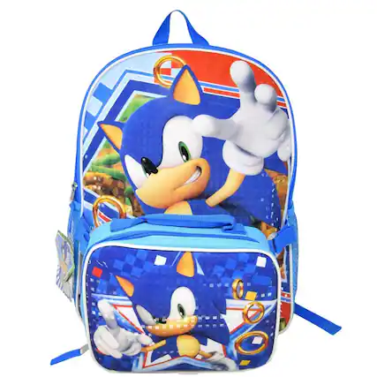 Front. Disney - Blue Sonic the hedgehog 16" Backpack for School with Rectangular Lunch Bag, for Kids - Assorted Pre-Pack.