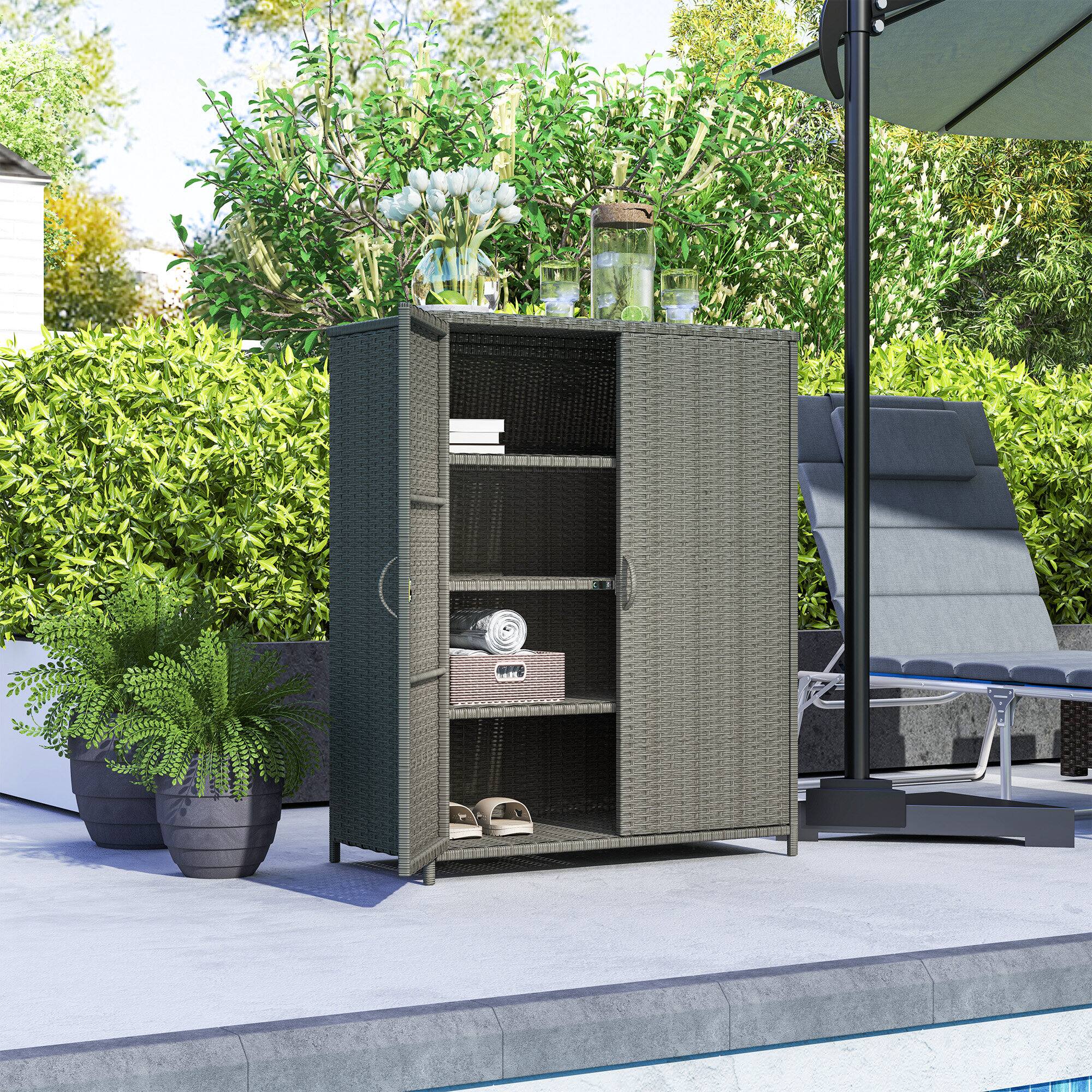 Alt View 7. Outsunny - Wicker Outdoor Storage Cabinet with Shelves, 4-Shelf Outdoor Pool Towel Cabinet with Two Doors - Dark Gray.