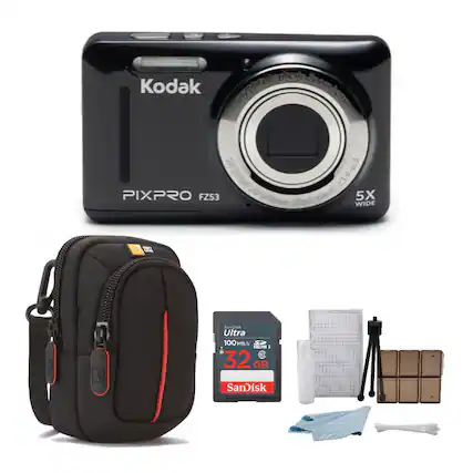 The image features a Kodak PIXPRO FZ53 camera with a lens and a bag. The camera is black and silver in color. The bag is placed next to the camera, and there is a SanDisk Ultra 32 GB memory card nearby. The camera is also accompanied by a lens and a strap.