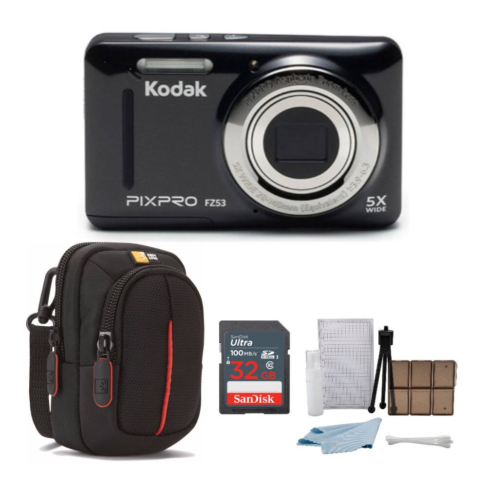The image features a Kodak PIXPRO FZ53 camera with a lens and a bag. The camera is black and silver in color. The bag is placed next to the camera, and there is a SanDisk Ultra 32 GB memory card nearby. The camera is also accompanied by a lens and a strap.