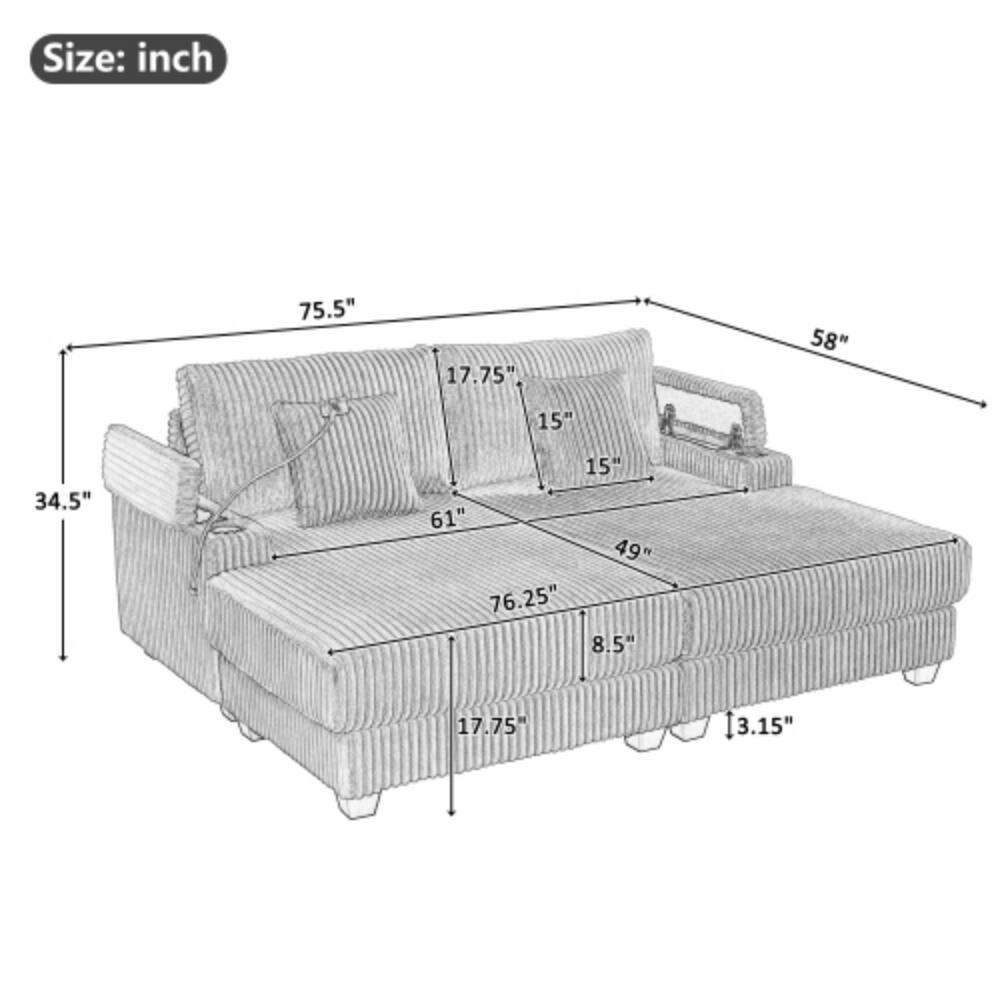 Size: inch  
75.5" 17.75" 58" 15" 34.5" 15" 61" 49" 76.25" 8.5" 17.75" 3.15"