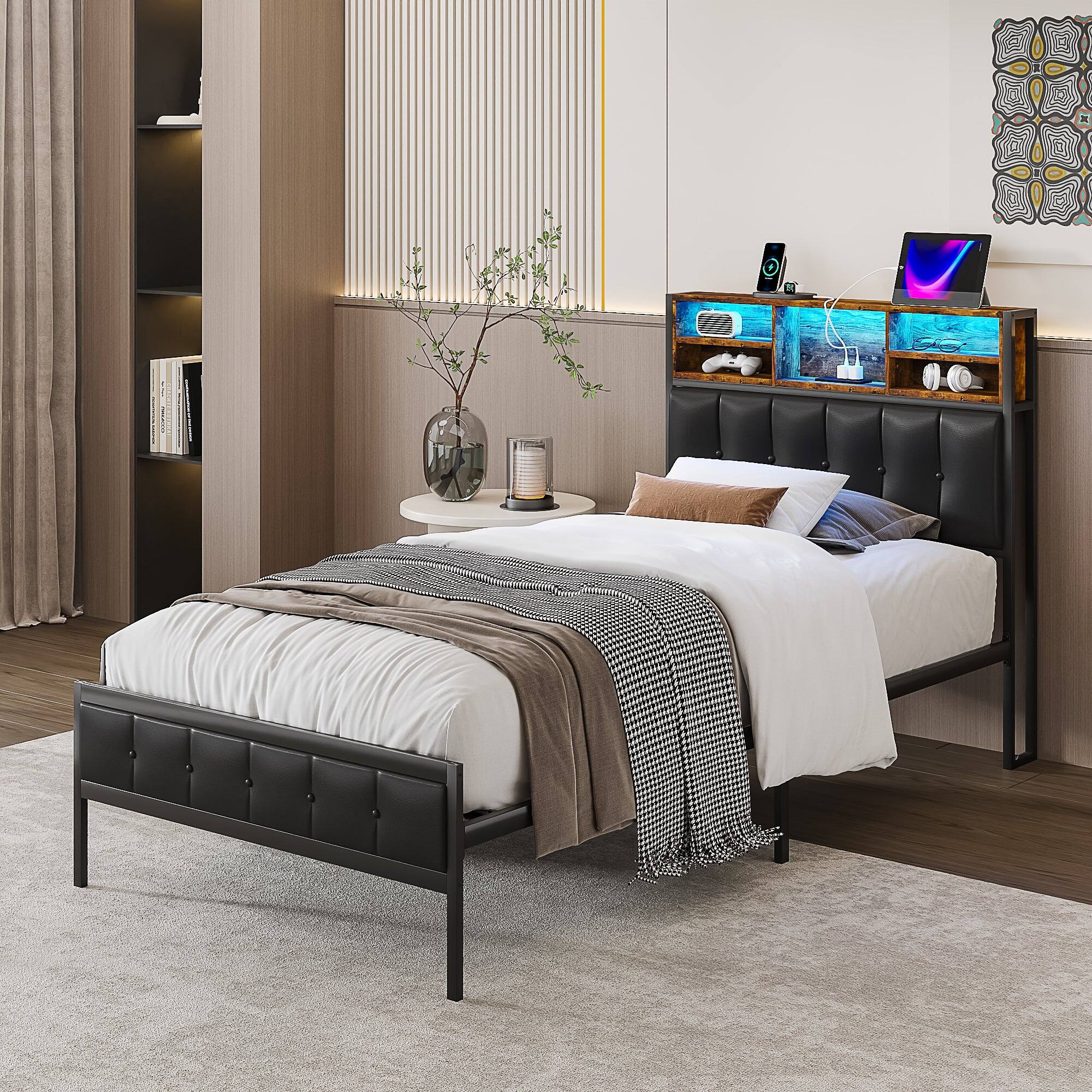 Alt View 1. Vecelo - Twin Bed Frame With Charging Station And LED Lights-Black Upholstered Bed Frame, Heavy Duty Metal Platform Bed - Black.
