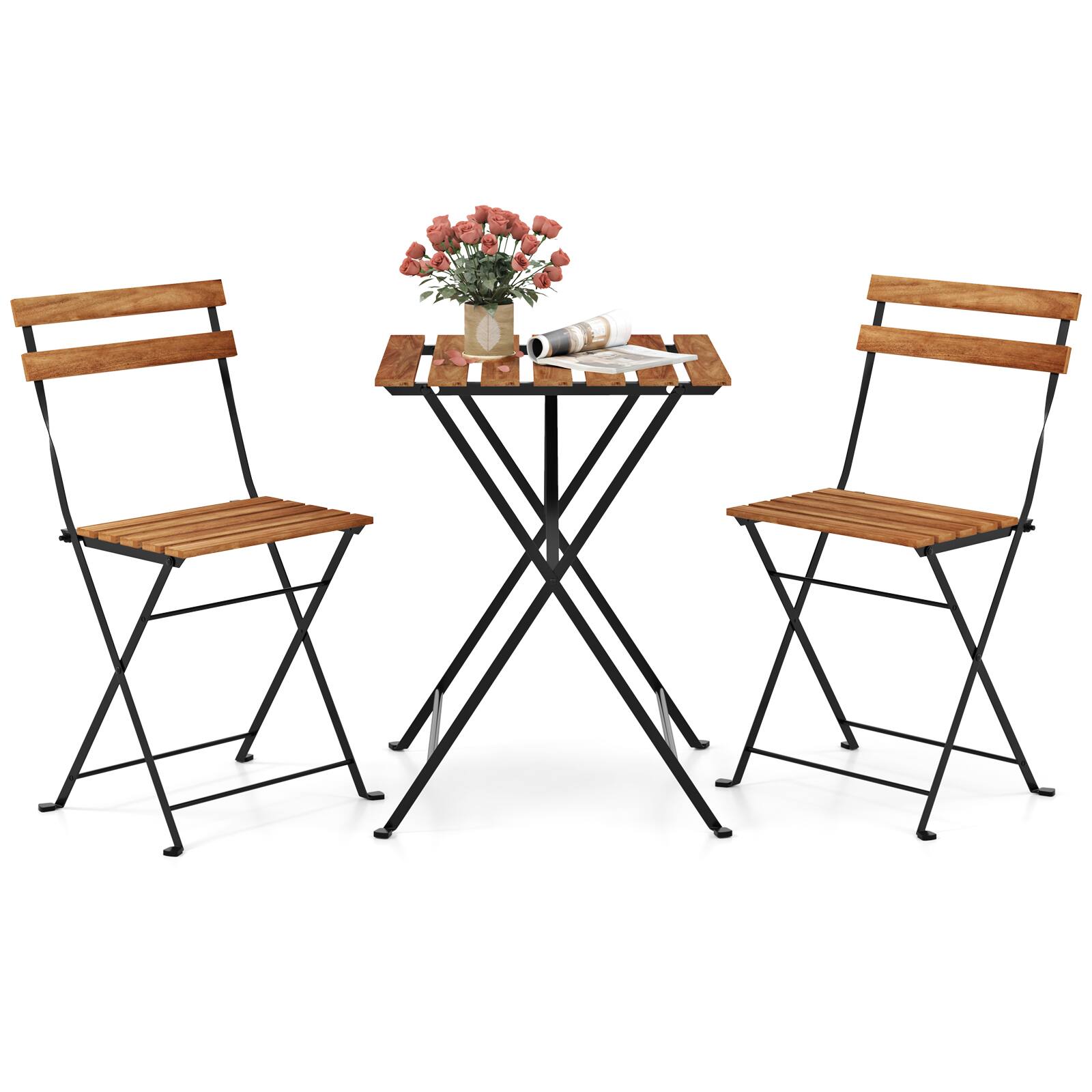 Back. SlickBlue - Outdoor 3-Piece Acacia Wood Bistro Set with Slatted Seats and Tabletop - Brown.