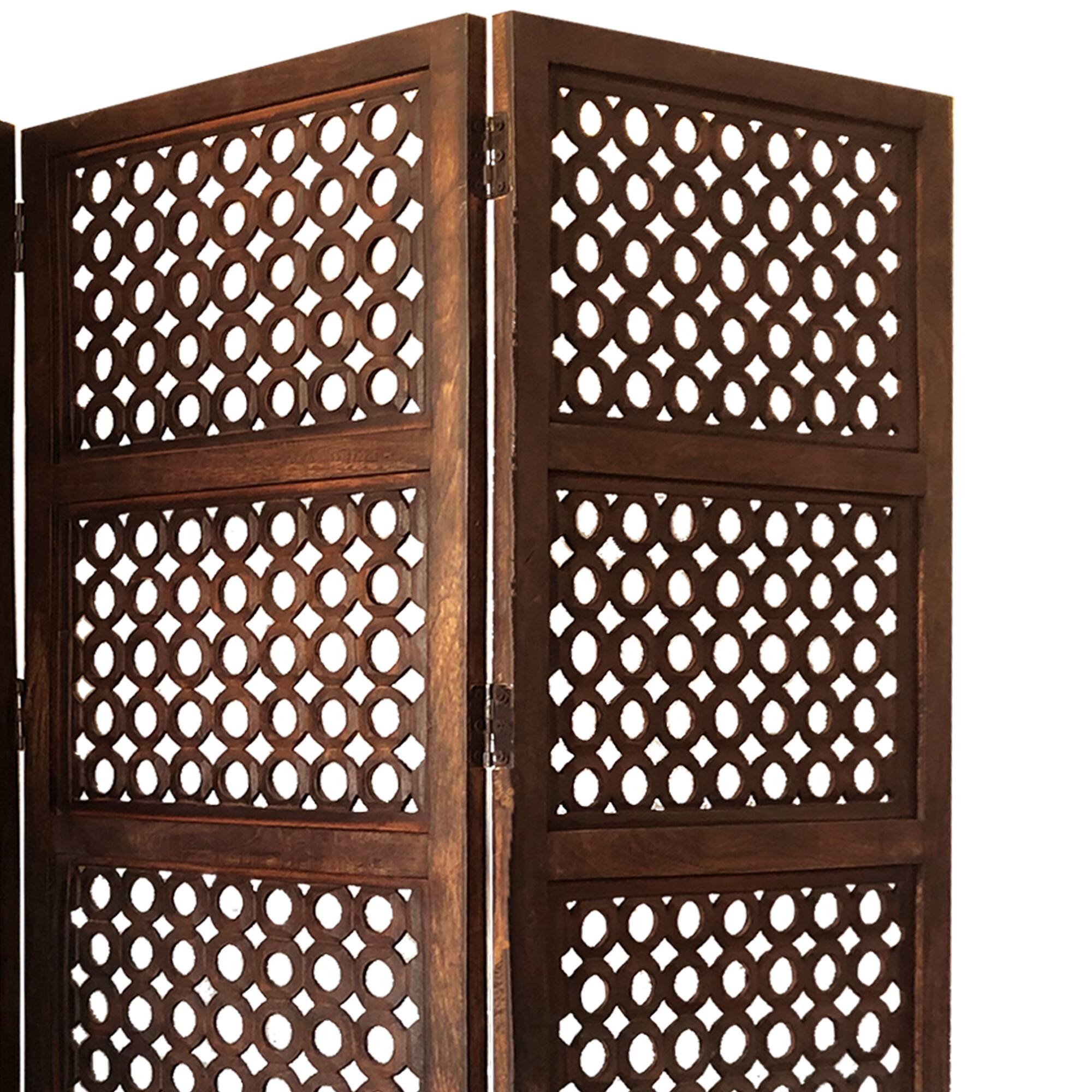 Alt View 3. Manhattan Lane - Decorative Four Panel Mango Wood Hinged Room Divider with Circular Cutout Design - Brown.