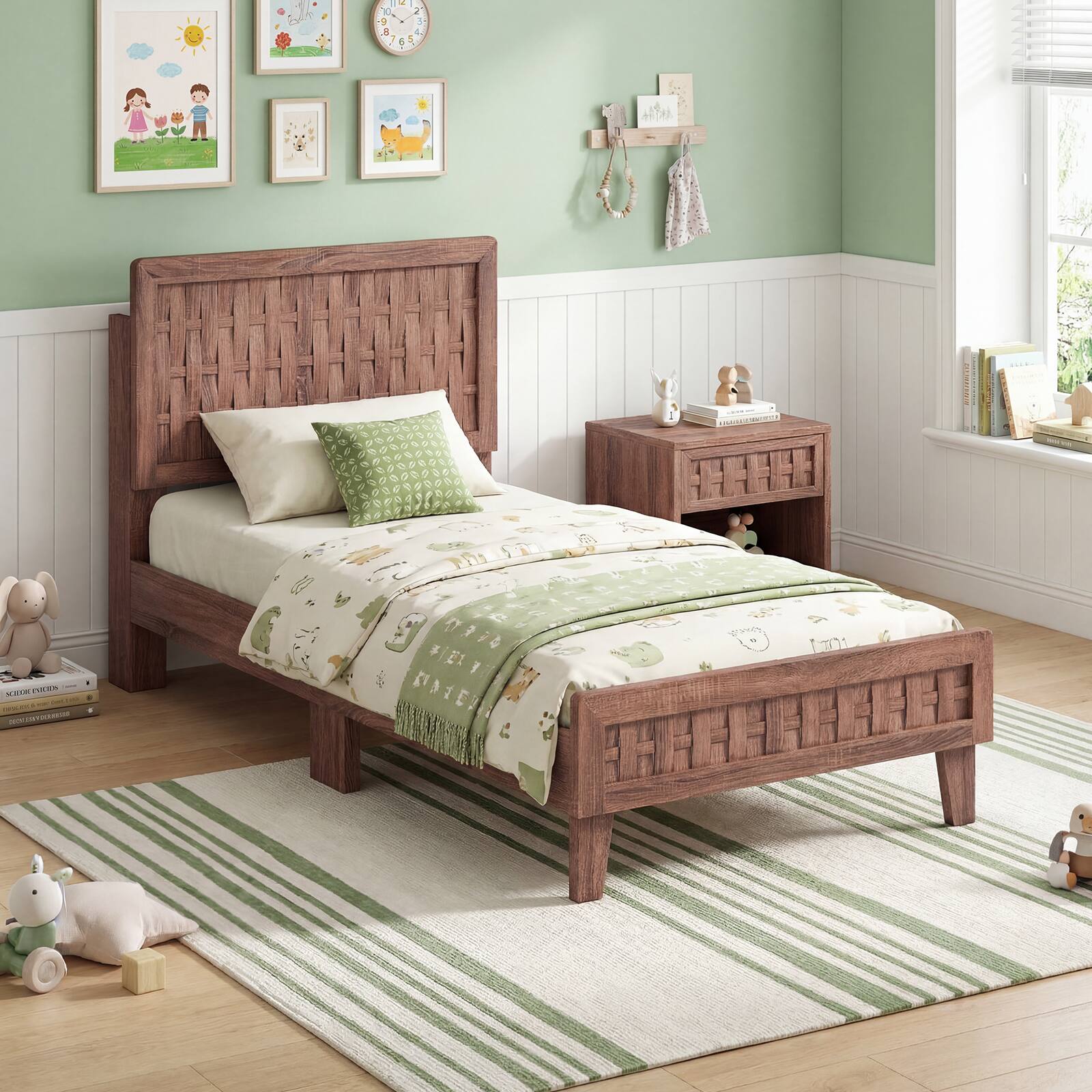 Alt View 5. Costway - Costway Twin Size Bed Frame with Woven Accent Headboard & Footboard, Wooden Slat Support - Walnut.