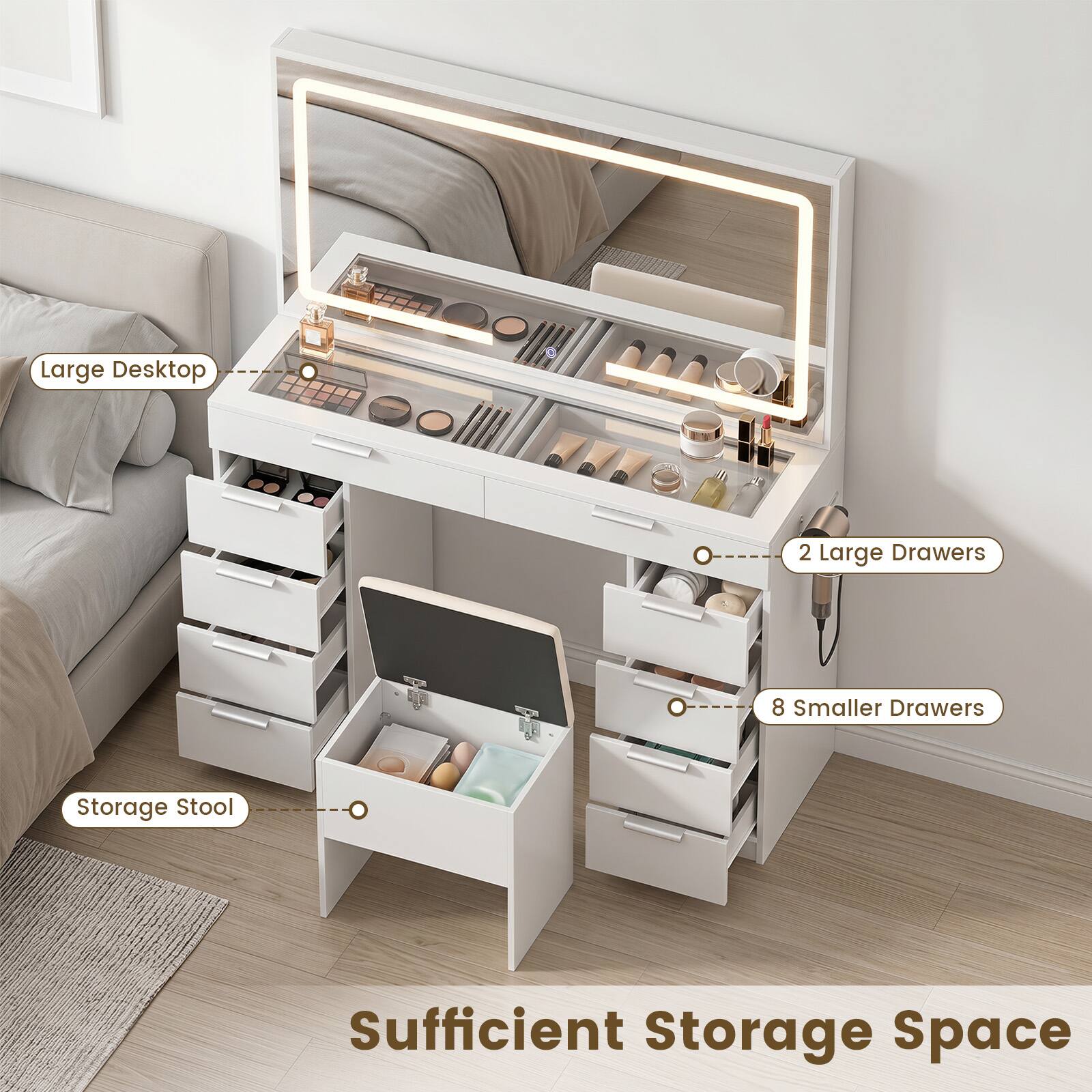 Large Desktop  
2 Large Drawers  
8 Smaller Drawers  
Storage Stool  
Sufficient Storage Space
