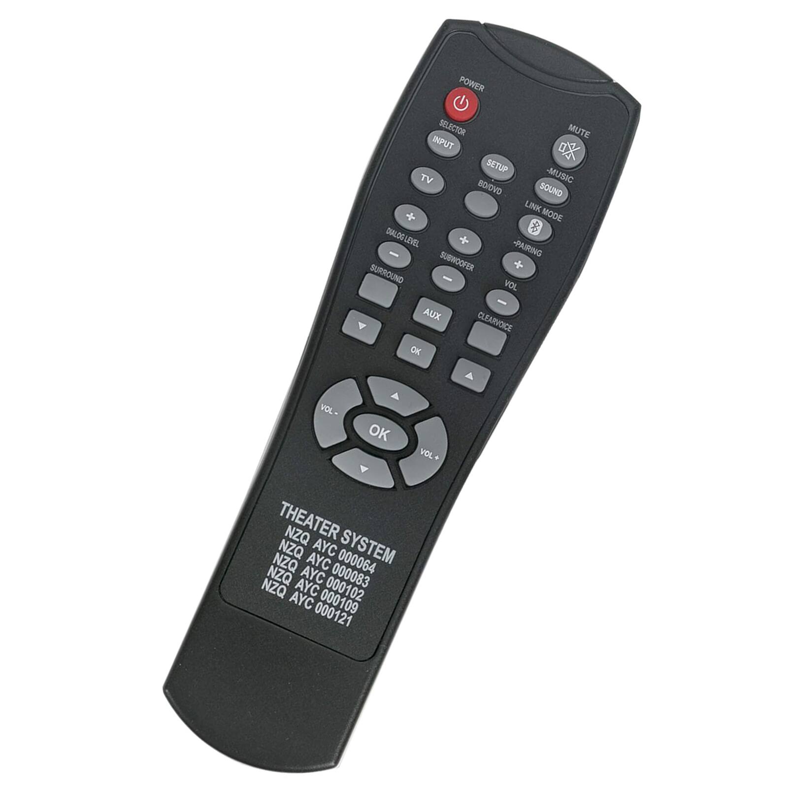 POWER SELECTOR MUTE INPUT SETUP TV - MUSIC BD/DVD SOUND LINK MODE DIALOG LEVEL LEVELS - PAIRING SUBWOOFER SURROUND VOL AUX CLEARVOICE OK A VOL- OK VOL THEATER NZQ AYC 000064 NZQ AYC 000083 NZQ AYC 000102 NZQ AYC 000109 NZQ AYC 000121