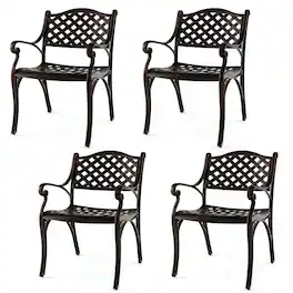 Costway - 4 PCS Cast Aluminum Patio Chairs Set of 4 All Weather Outdoor Dining Chairs with Armrests - Bronze