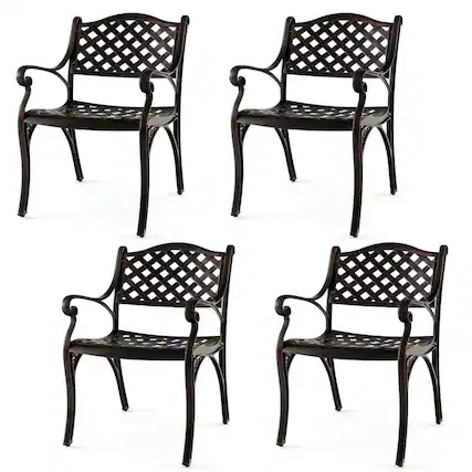 Front. Costway - 4 PCS Cast Aluminum Patio Chairs Set of 4 All Weather Outdoor Dining Chairs with Armrests - Bronze.