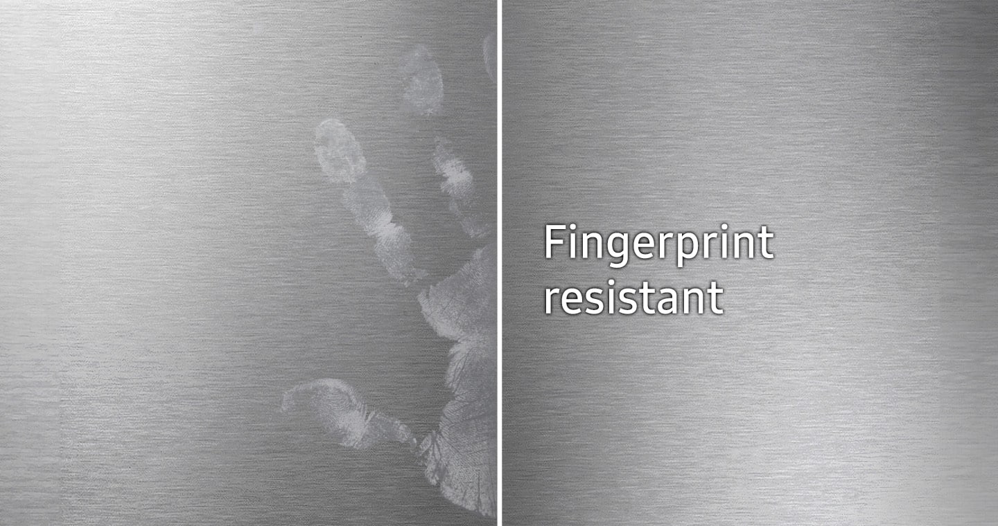 The text on the image reads "Fingerprint resistant," which means that the surface is designed to resist fingerprints, making it difficult for them to be left behind. This can be particularly useful in settings where maintaining cleanliness and hygiene is important, such as in hospitals, public restrooms, or high-traffic areas.