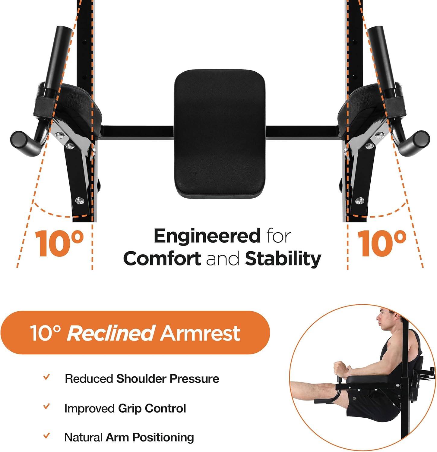 Engineered for Comfort and Stability

10° Reclined Armrest

- Reduced Shoulder Pressure
- Improved Grip Control
- Natural Arm Positioning