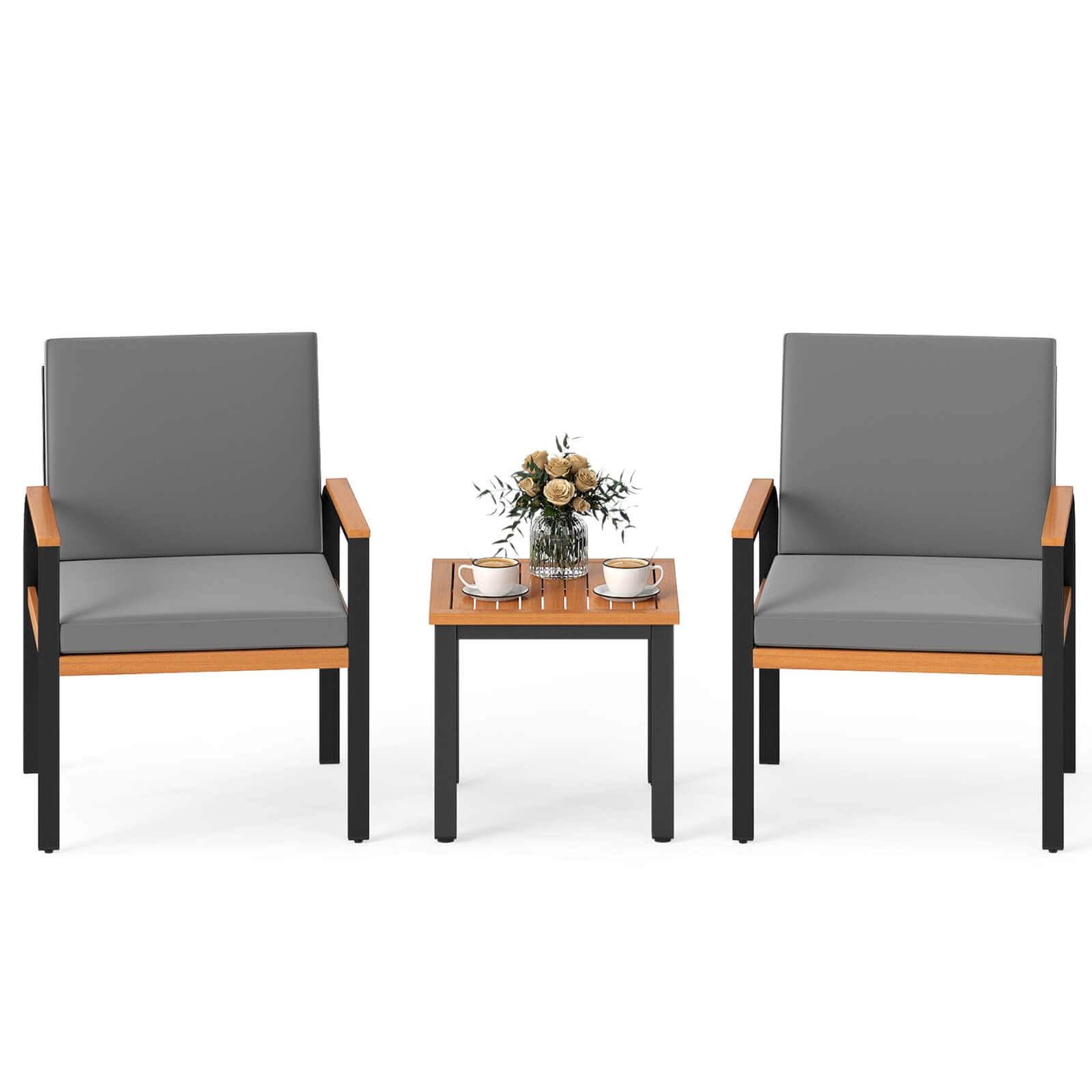 Costway - 3 PCS Patio Furniture Set with Coffee Table Removable Cushions Acacia Wood Armrests - Gray