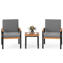 Costway - 3 PCS Patio Furniture Set with Coffee Table Removable Cushions Acacia Wood Armrests - Gray