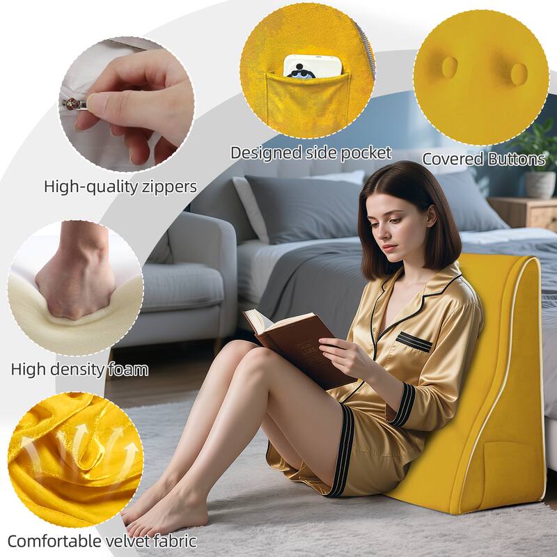 Designed side pocket, Covered Buttons, High-quality zippers, High-density foam, Comfortable velvet fabric.