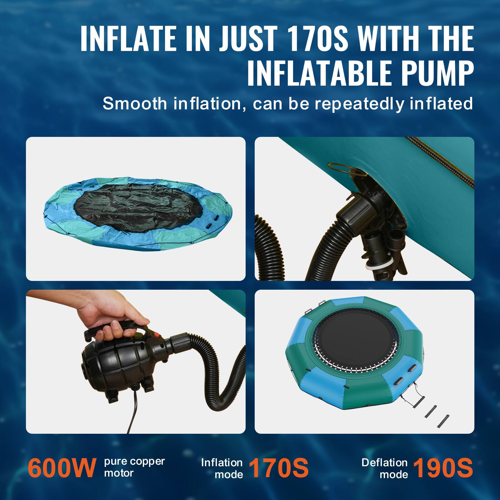 INFLATE IN JUST 170S WITH THE INFLATABLE PUMP. Smooth inflation, can be repeatedly inflated. Pure copper 600W motor. Inflation mode: 170S. Deflation mode: 190S.