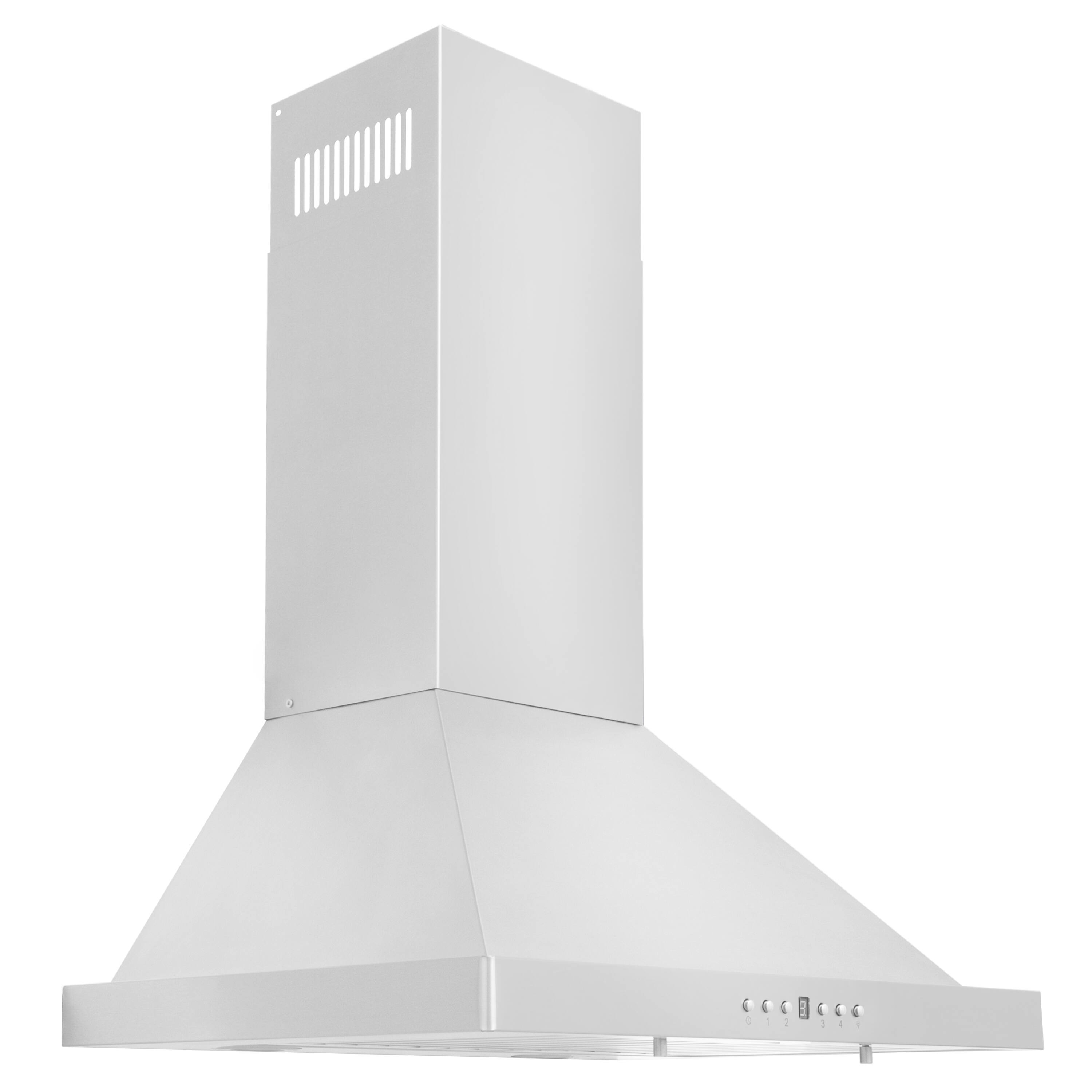 The image shows a white ventilation hood or range hood, which is a part of a kitchen appliance. The hood is mounted on the wall and is designed to remove cooking odors and smoke from the air. It is a modern and sleek design, which adds a touch of elegance to the kitchen. The hood is made of stainless steel, which is a popular choice for kitchen appliances due to its durability and resistance to stains. The hood is also equipped with a control panel, which allows for easy adjustment of the ventilation settings.