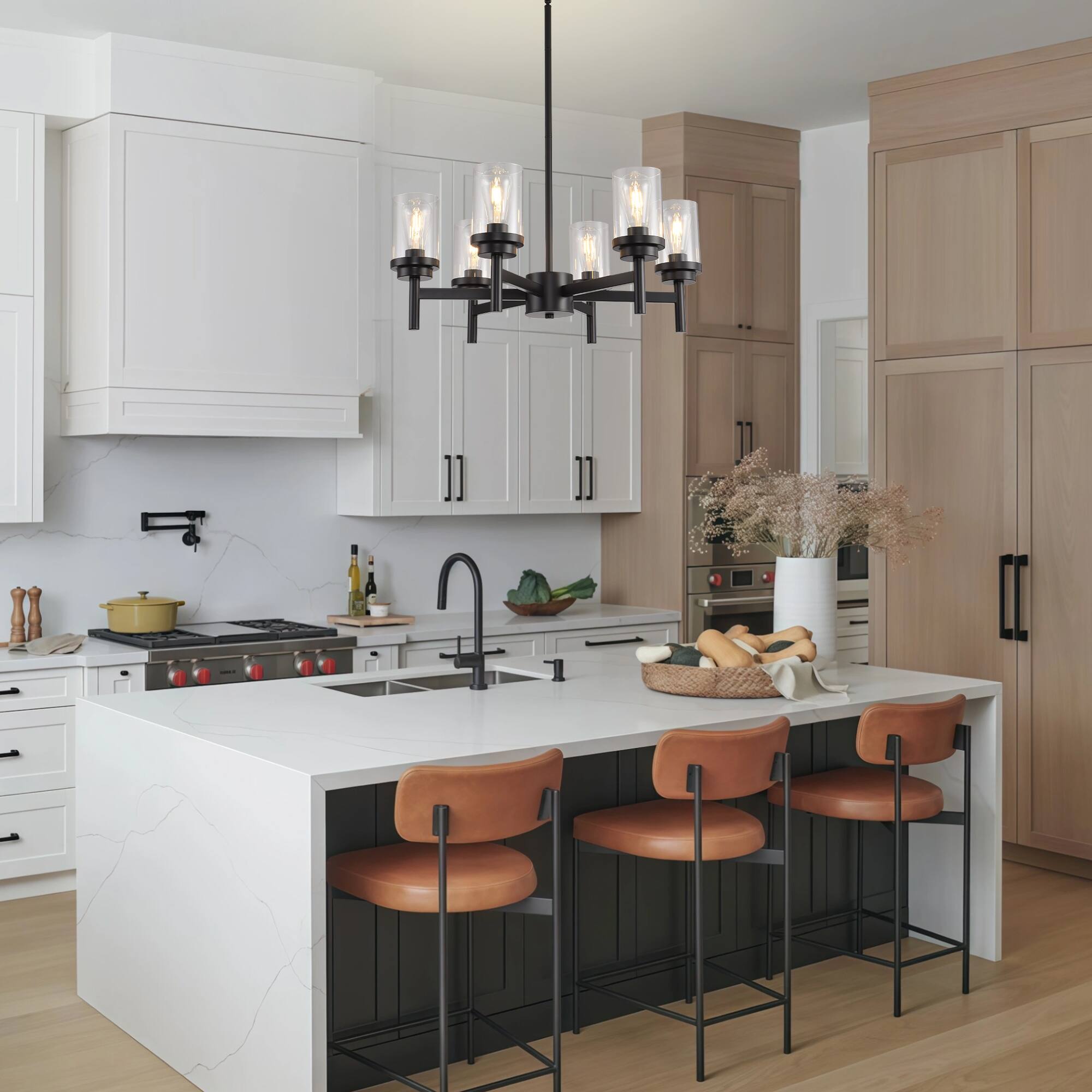 Angle. RYHNUYNE - 6-Light Dining Room Light Fixtures Over Table,Black Farmhouse Glass Chandelier,Industrial Lighting for Living Room Foyer - Black.