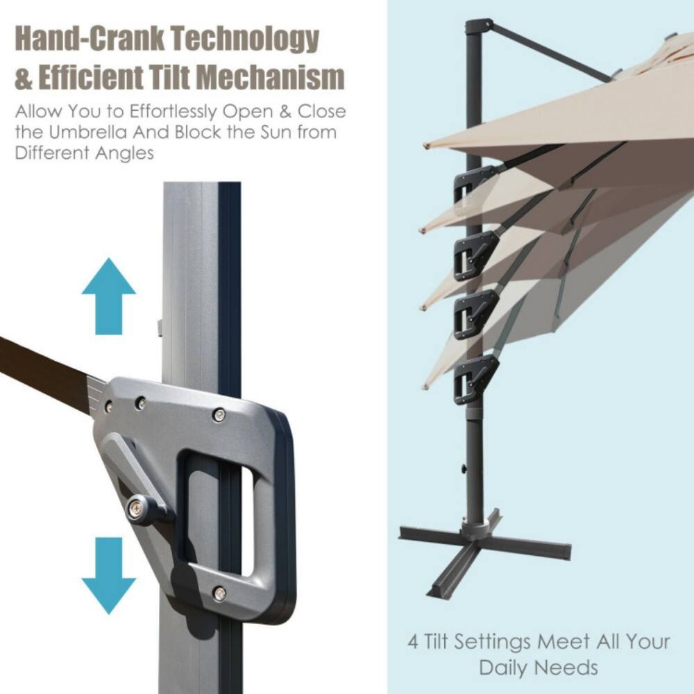 Hand-Crank Technology & Efficient Tilt Mechanism  
Allow You to Effortlessly Open & Close the Umbrella And Block the Sun from Different Angles  

4 Tilt Settings Meet All Your Daily Needs