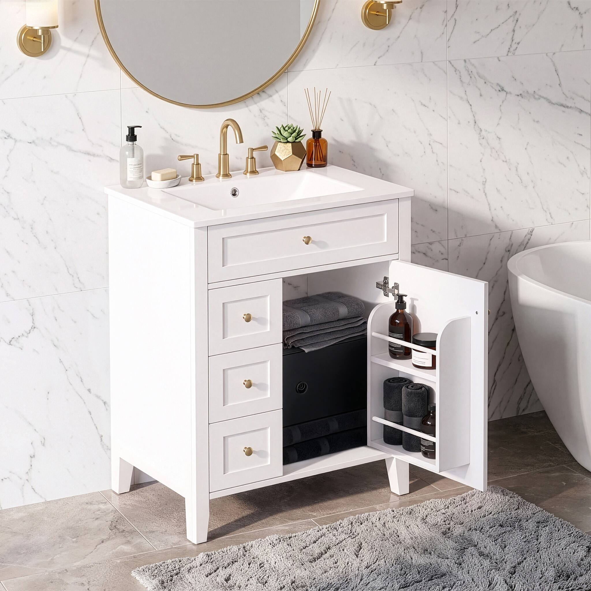 Left. JUJABU - White 24" Modern Bathroom Vanity with Ceramic Sink and Soft-Close Door - White.