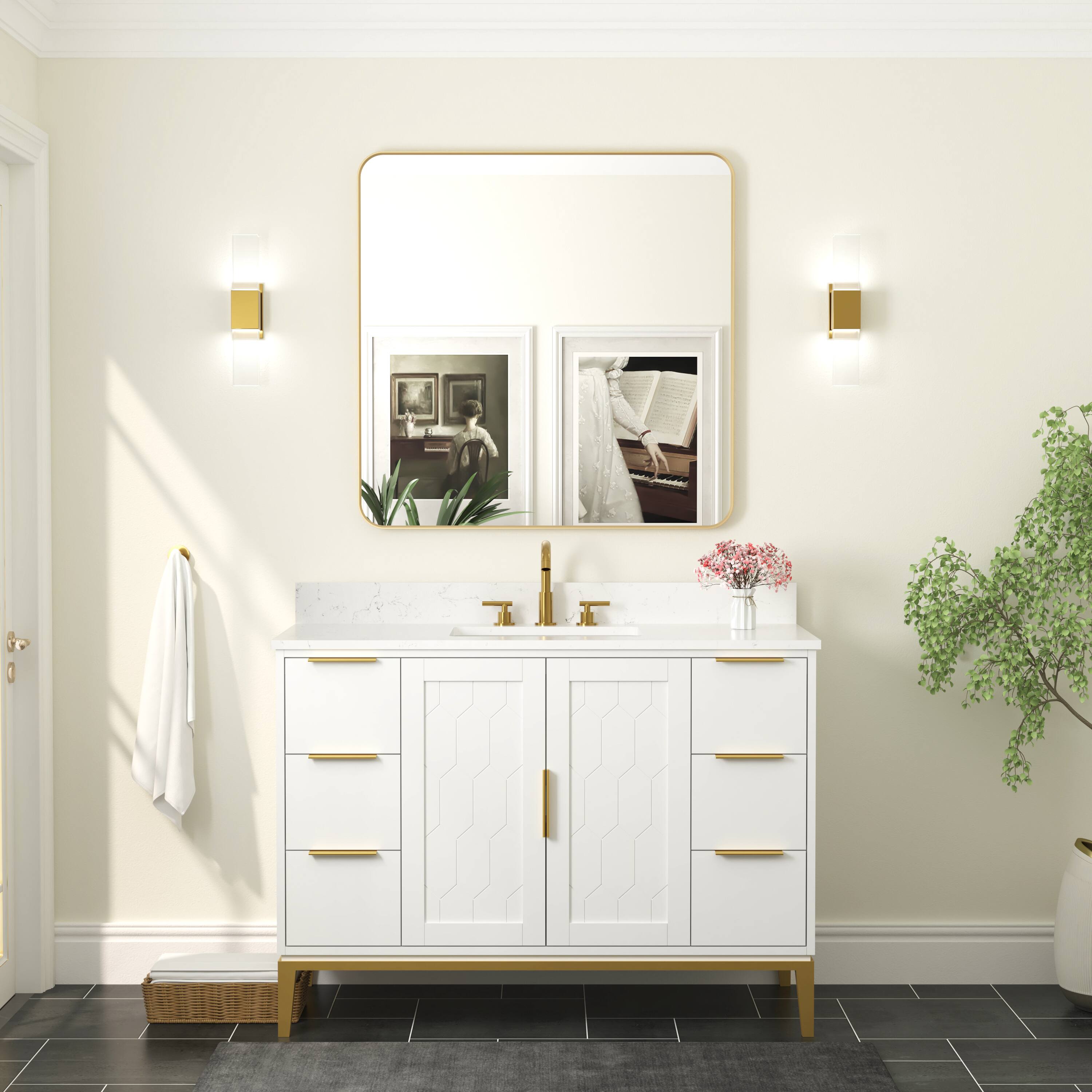 Back. WELLFOR - 36 in. W. x 36 in. H Square Aluminum Framed Wall-Mounted Bathroom Vanity Mirror - Brushed Gold.