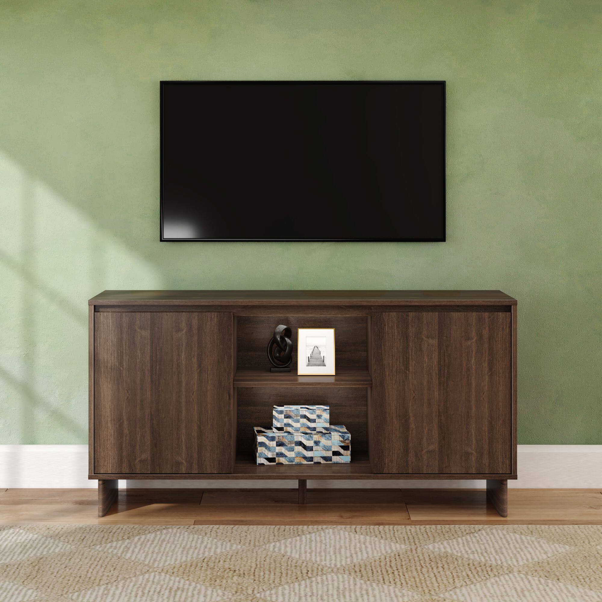 Alt View 1. Plank+Beam - Modern TV Stand/Sideboard, 2 Door w/ Middle Shelf  (1499 x 406 x 762mm / 59 x 16 x 30in), Walnut - Walnut.