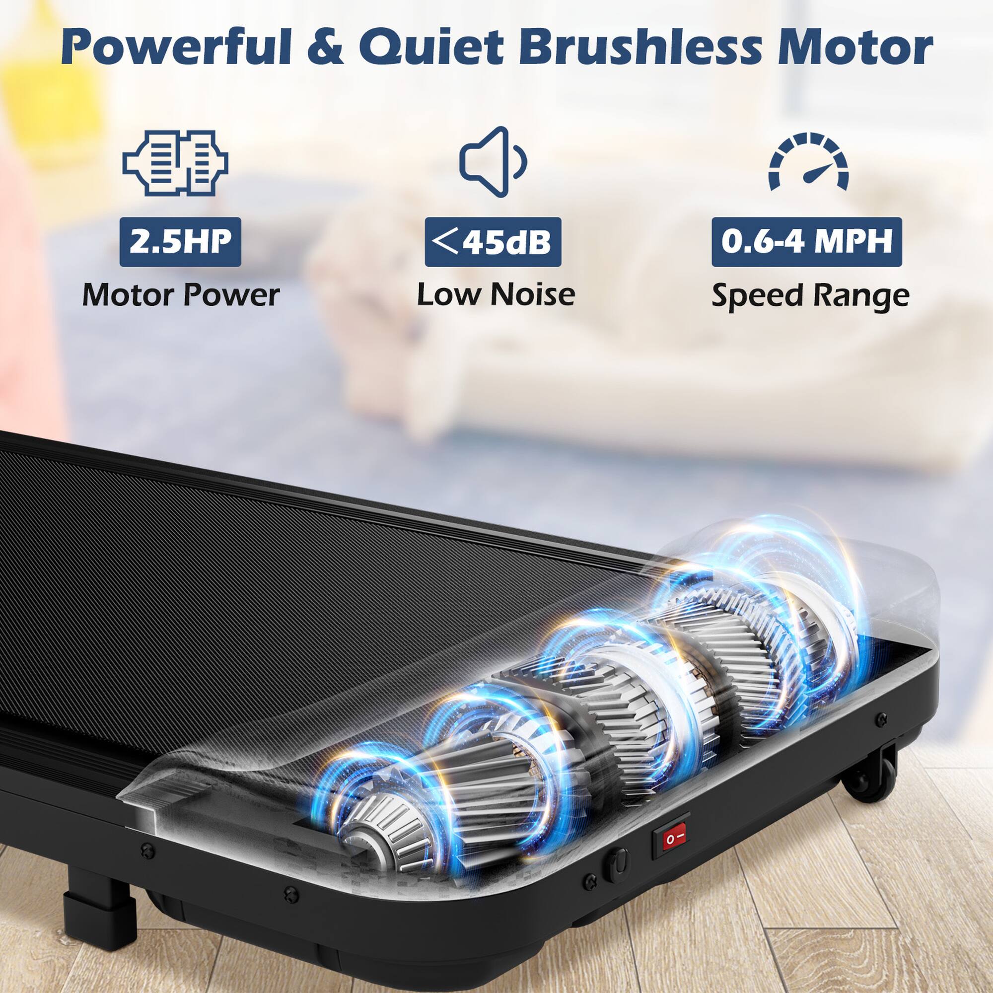 Powerful & Quiet Brushless Motor, 2.5HP Motor Power, 45dB Low Noise, 0.6-4 MPH Speed Range