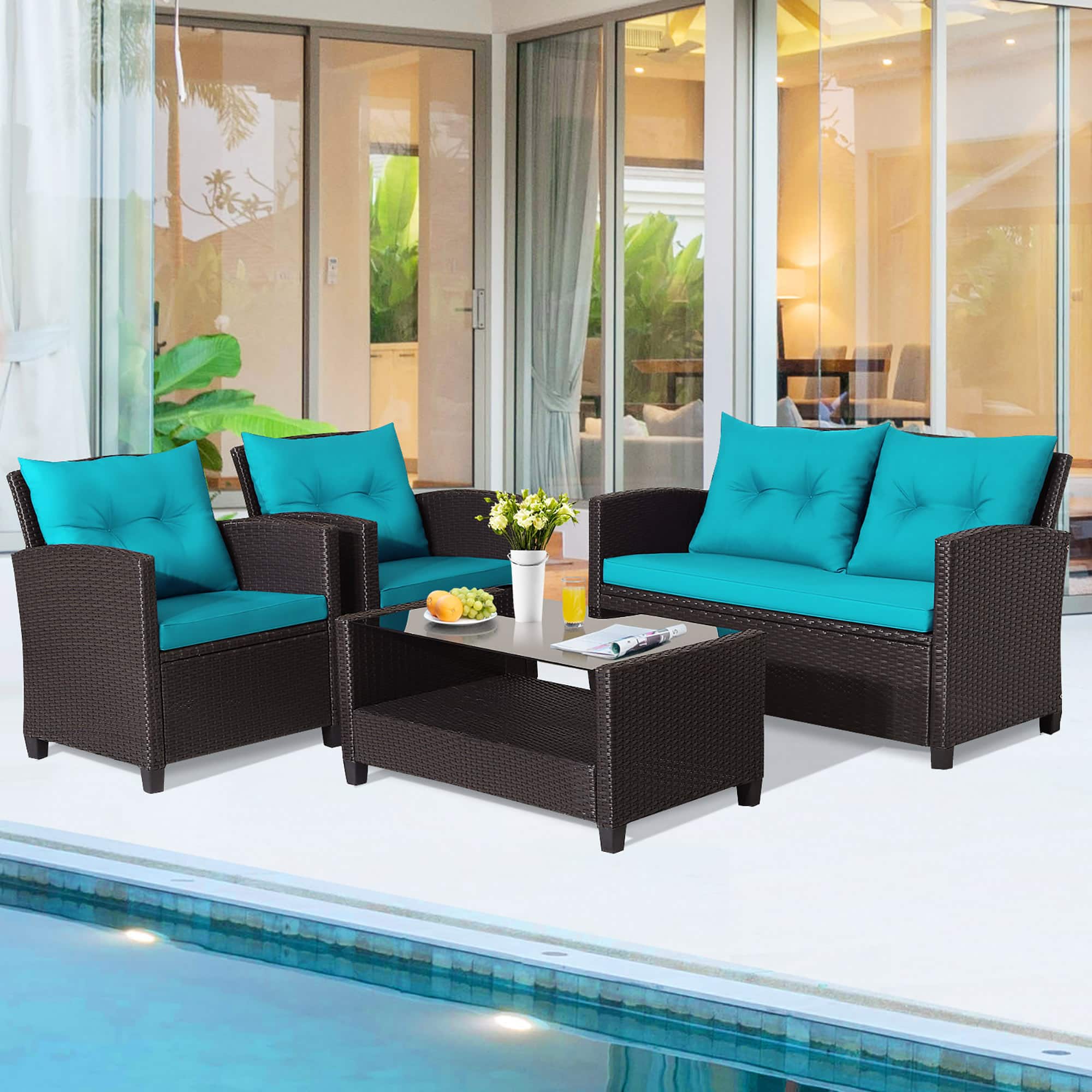 Gymax - 4PCS Outdoor Conversation Set Patio PE Rattan Set w/ Glass Table & Sofa Cushions - Turquoise