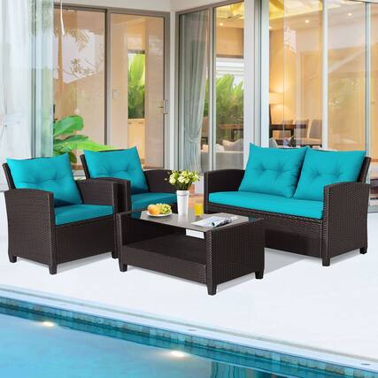 Front. Gymax - Gymax 4PCS Outdoor Conversation Set Patio PE Rattan Set w/ Glass Table & Sofa Cushions Turquoise - Turquoise.