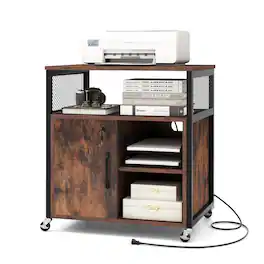 Costway - File Cabinet on Wheels with Charging Station & Cable Management Hole Shelves - Brown