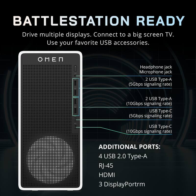 BATTLESTATION READY  
Drive multiple displays. Connect to a big screen TV. Use your favorite USB accessories.  

- Headphone jack  
- Microphone jack  
- 2 USB Type-A (5Gbps signaling rate)  
- 2 USB Type-A (10Gbps signaling rate)  
- USB Type-C (5Gbps signaling rate)  
- USB Type-C (10Gbps signaling rate)  

ADDITIONAL PORTS:  
- 4 USB 2.0 Type-A  
- RJ-45  
- HDMI  
- 3 DisplayPort