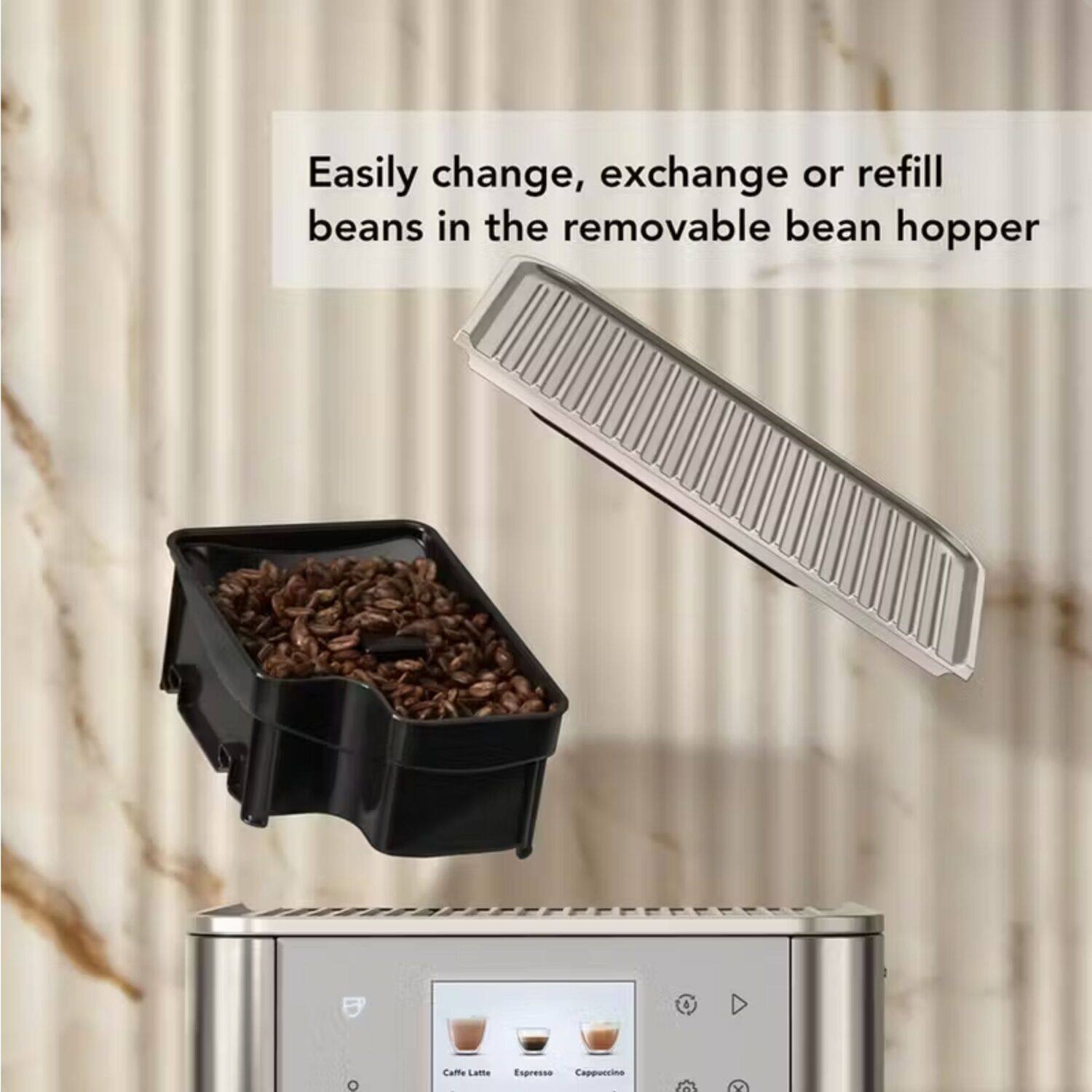 Easily change, exchange or refill beans in the removable bean hopper.