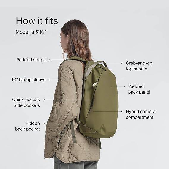 How it fits  
Model is 5'10"  
- Padded straps  
- Grab-and-go top handle  
- 16" laptop sleeve  
- Quick-access side pockets  
- Hidden back pocket  
- Padded back panel  
- Hybrid camera compartment