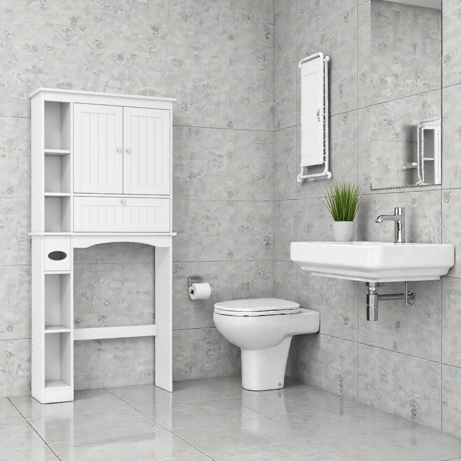 Front. Hivvago - Over-Toilet Bathroom Storage Cabinet with Adjustable Shelf and Lower Bar - White.