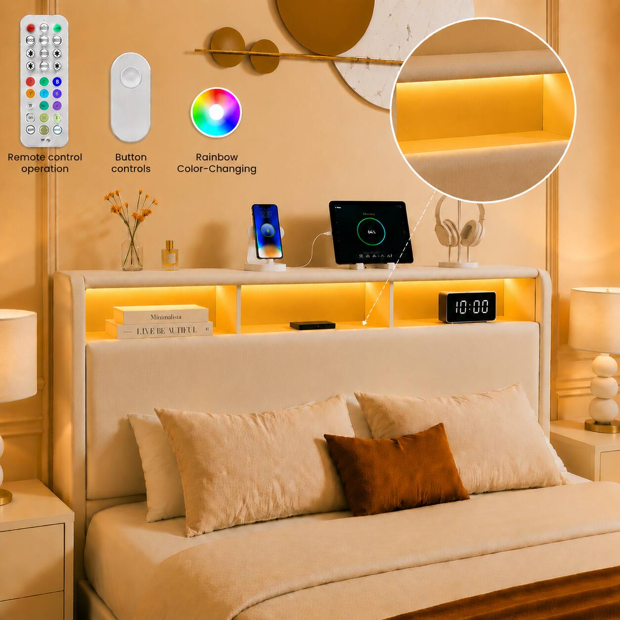 Remote control operation  
Button controls  
Rainbow Color-Changing  

Ms MAAIA Minimalista  
BMTL 13 V TIFLL  
d /1.1 E. 0. U.0U U