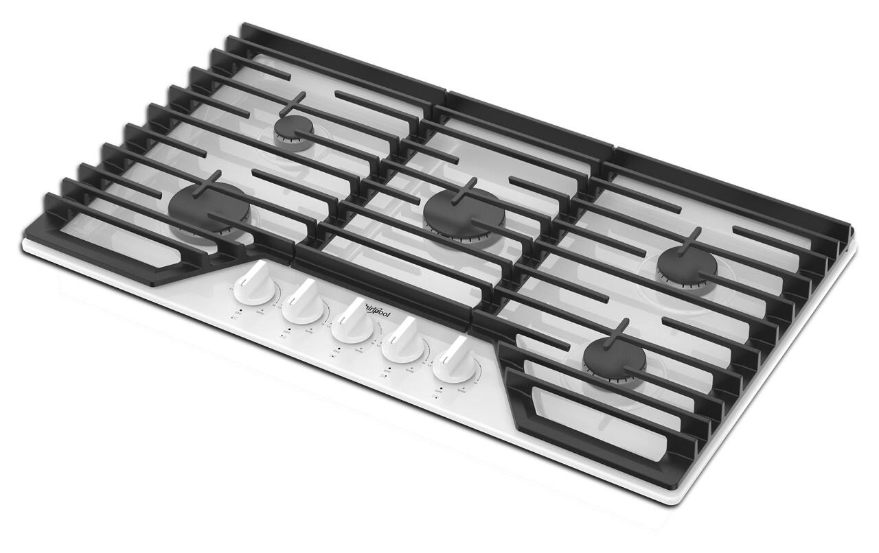 Left. Whirlpool - 36" Built-In Gas Cooktop with 5 Burners and EZ-2-Lift Hinged Cast-Iron Grates - White.
