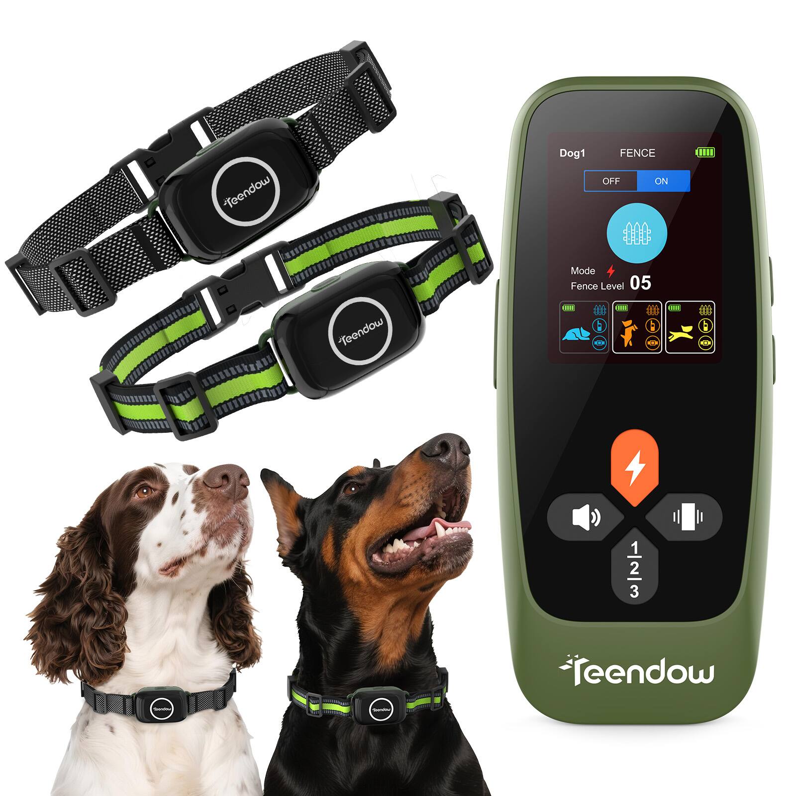 Teendow - T800 Pro Wireless Dog Fence for 2 Dogs, Zero Delay Response, 3-in-1 Collar w/ Training & Bark Control - Green