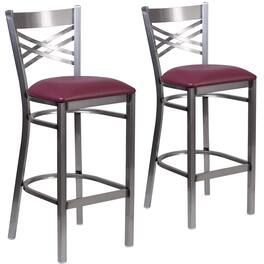 Emma + Oliver - 2 Pack Clear Coated "X" Back Metal Restaurant Barstool - Burgundy Vinyl Seat/Clear Coated Metal Frame