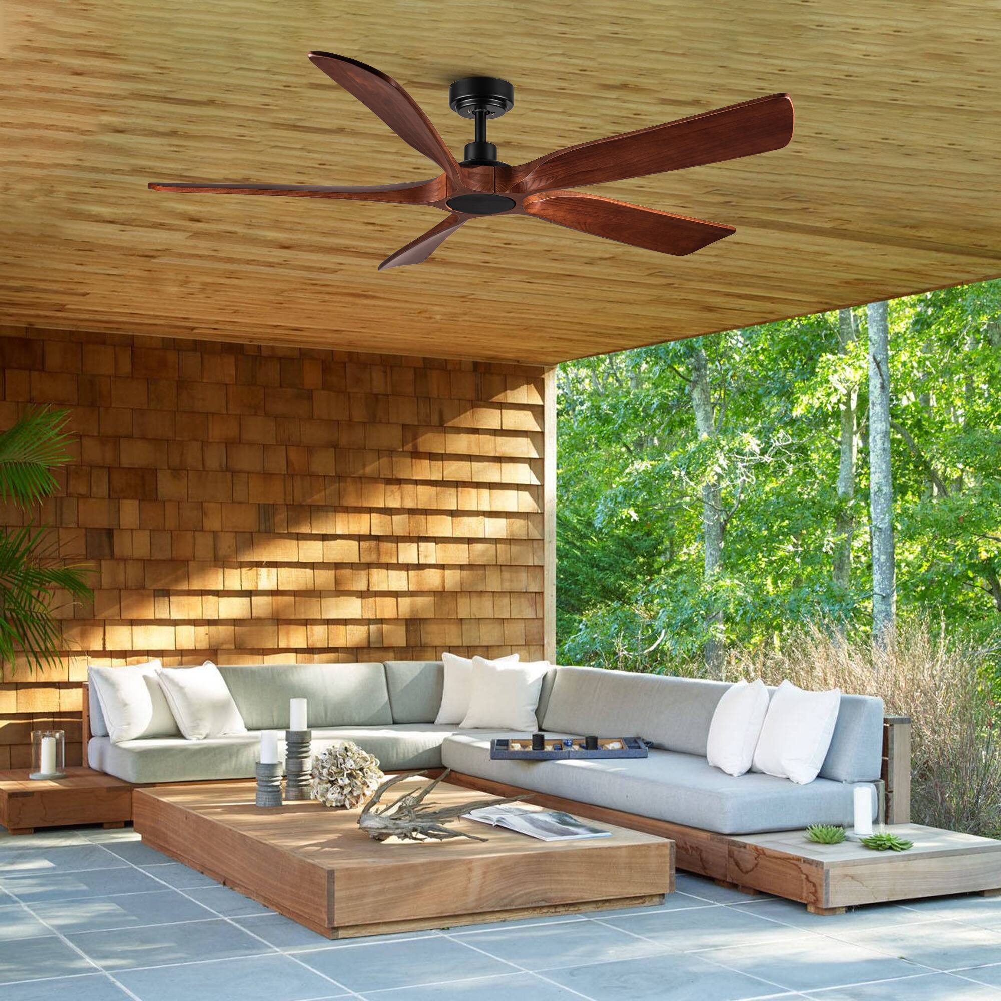 Alt View 7. Sofucor - Farmhouse Ceiling Fan No Lights with Remote 60 Inch Outdoor Indoor Ceiling Fan 5 Solid Wood Blade Quiet Reversible - Black Brown.