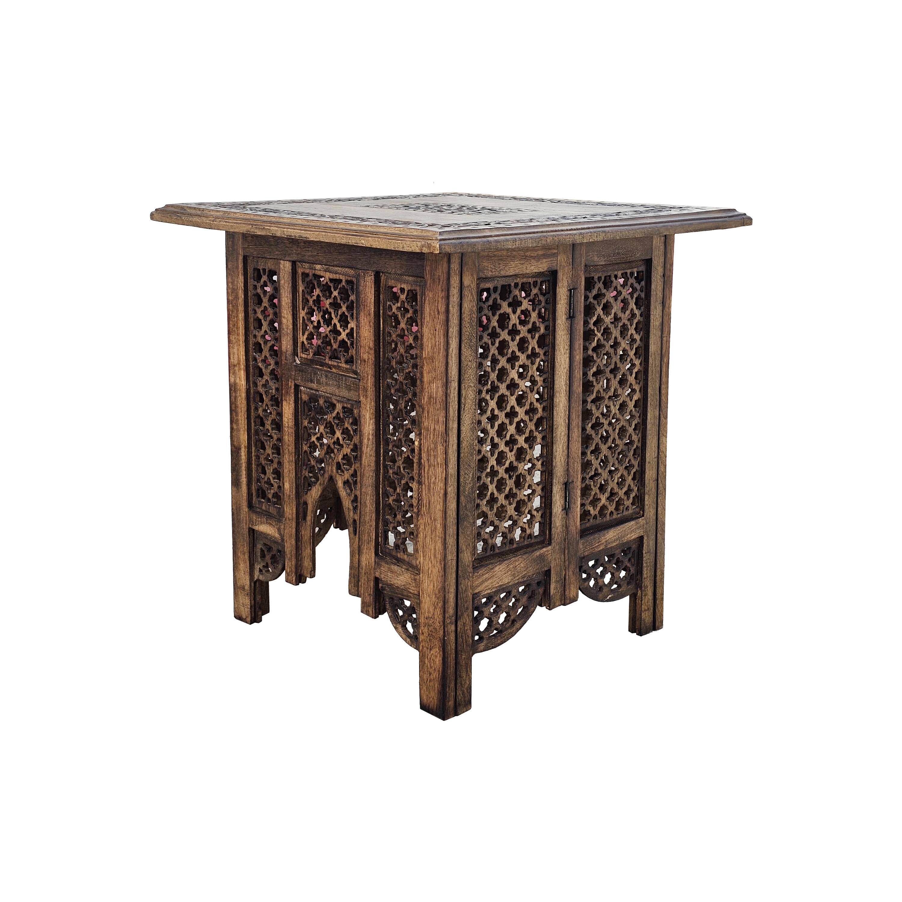 Alt View 2. Manhattan Lane - 21 Inch Boho Side End Table, Floral Carved Details, Foldable Panel Legs - Brown.