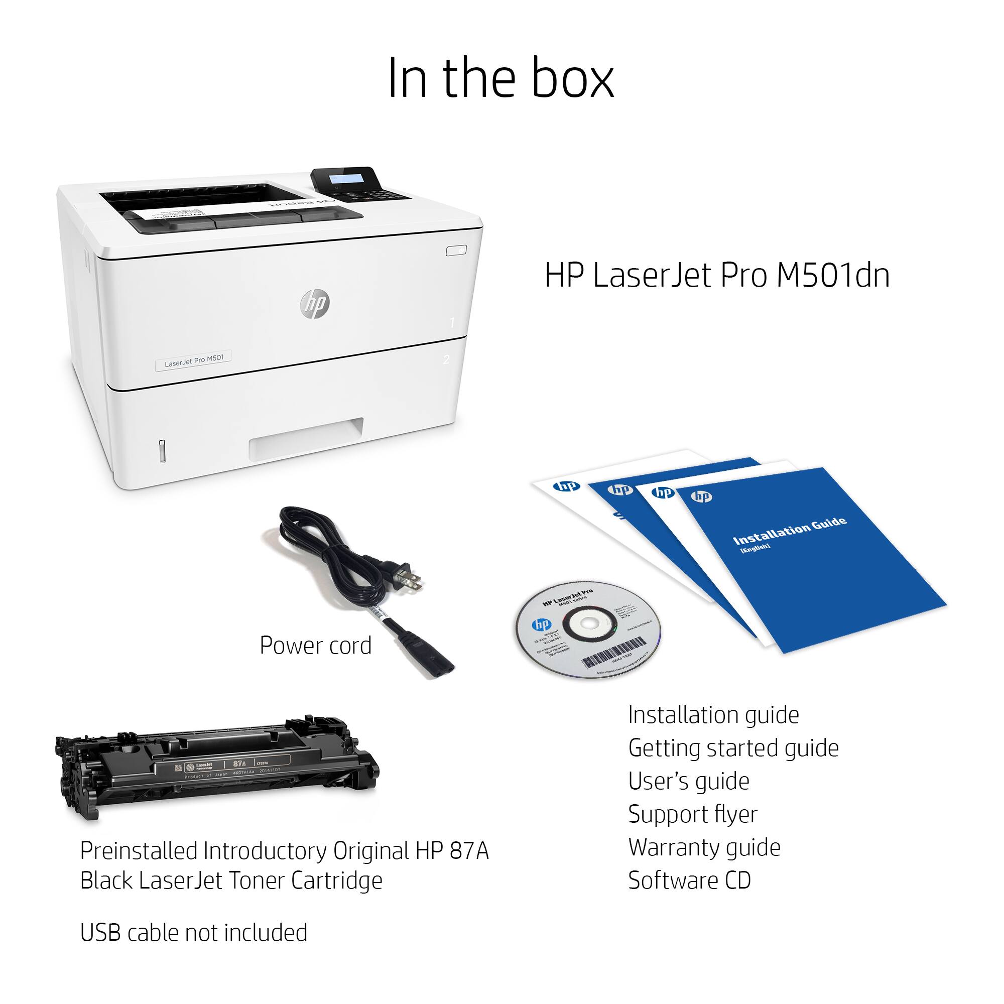 In the box, you'll find an HP LaserJet Pro M501dn printer. The package includes a power cord, an installation guide, a getting started guide, a user's guide, a support flyer, and a warranty guide. Additionally, there is a software CD and a USB cable, but the USB cable is not included in the package.