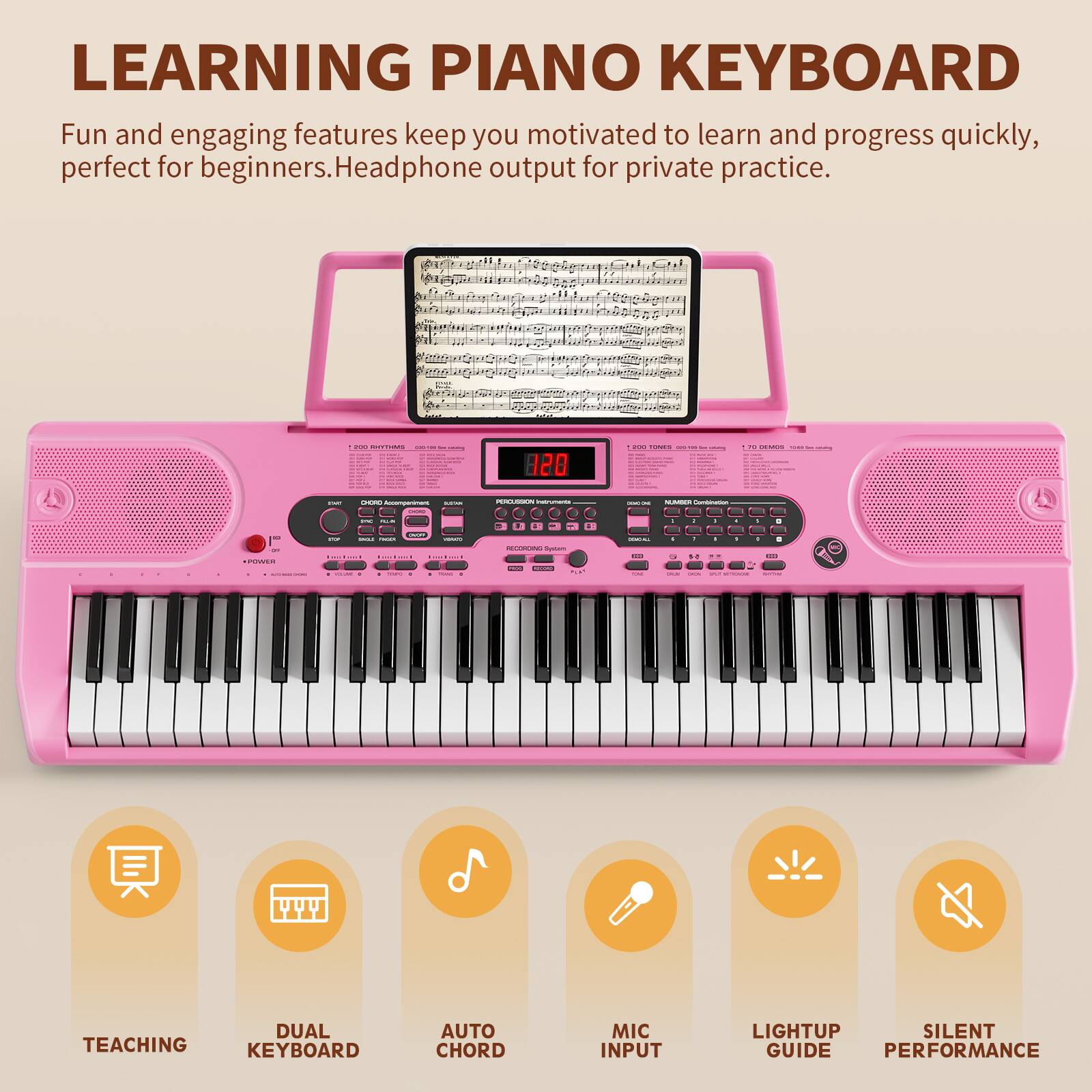 LEARNING PIANO KEYBOARD

Fun and engaging features keep you motivated to learn and progress quickly, perfect for beginners. Headphone output for private practice.

- TEACHING
- DUAL KEYBOARD
- AUTO CHORD
- MIC INPUT
- LIGHTUP GUIDE
- SILENT PERFORMANCE